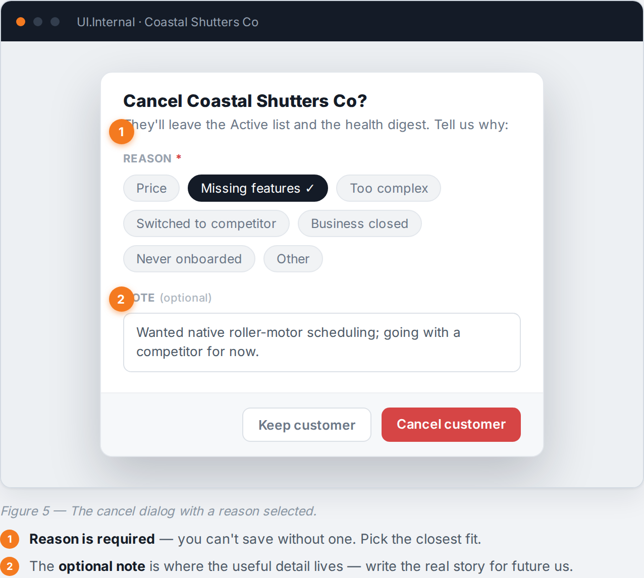 The cancel dialog with a reason selected.