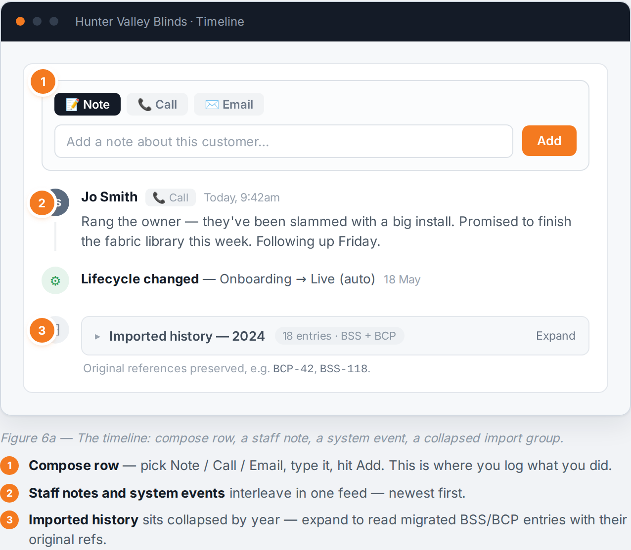 Timeline with compose row, a staff note, a system event, and a collapsed imported-history group.
